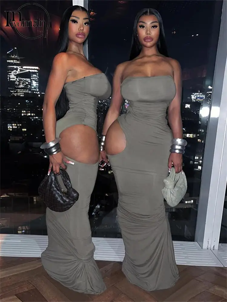 

Inwomen Sexy Gray Strapless Backless Long Dress Party Outfits For Women 2023 Fashion Sleeveless Pleated Maxi Dress Bodycon Dress