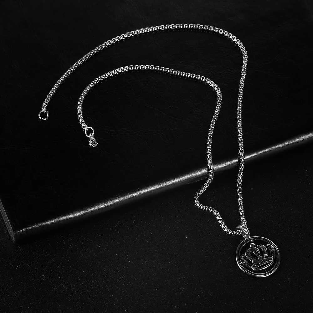 Nabest Vintage Crown Pendant Necklace Men Hip-hop Street Fashion Stainless Steel Necklace Box Chain Gift for Boyfriend
