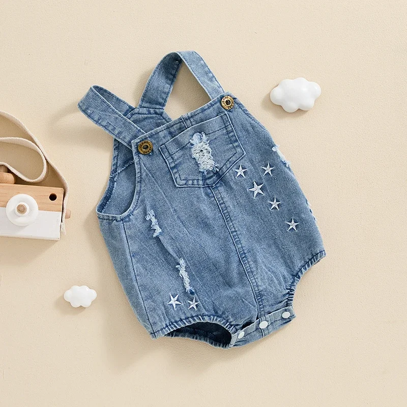 

Mubineo Baby Girls Denim Romper Overalls Bodysuit Ripped Star Embroidery Buttons Straps Infant Jumpsuit Summer Clothes