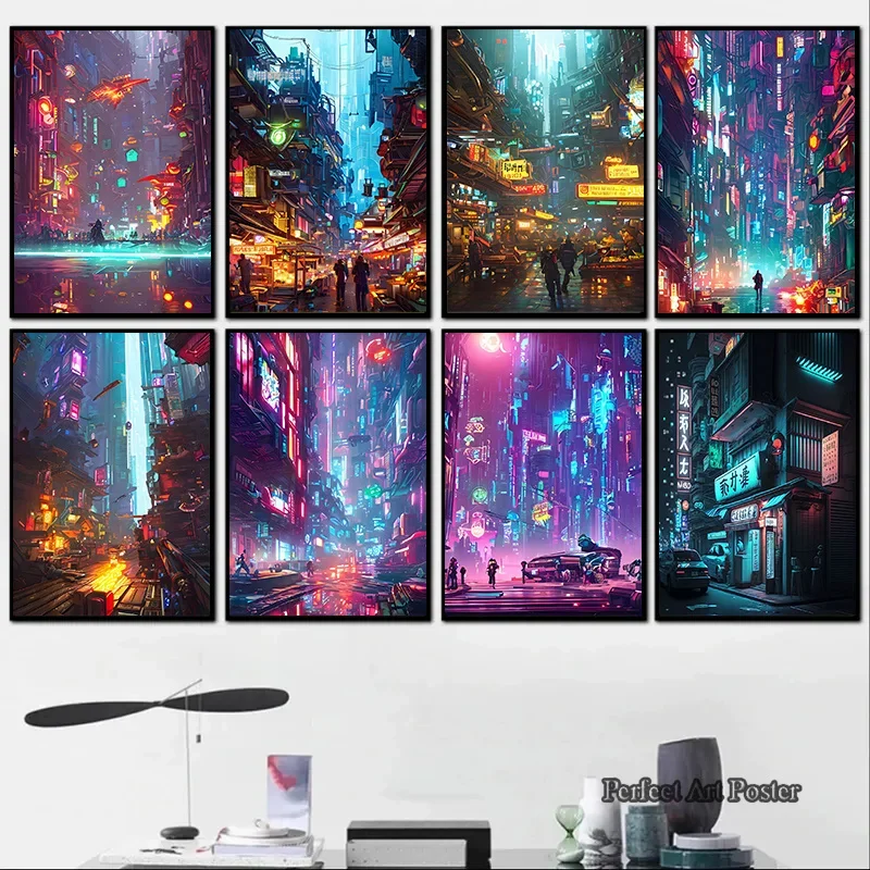 Neon Cyberpunk Future City Street Canvas Poster Aesthetics Anime Hot ...