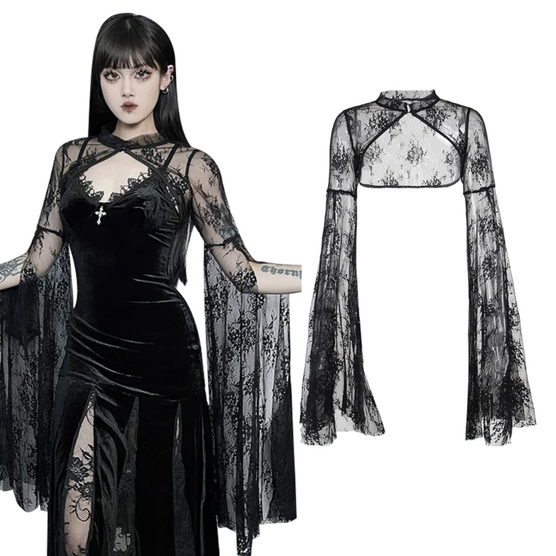 

Summer Womens Tops Lace Long Sleeve Tops Sexy Vintage See Through Mesh Crop Top