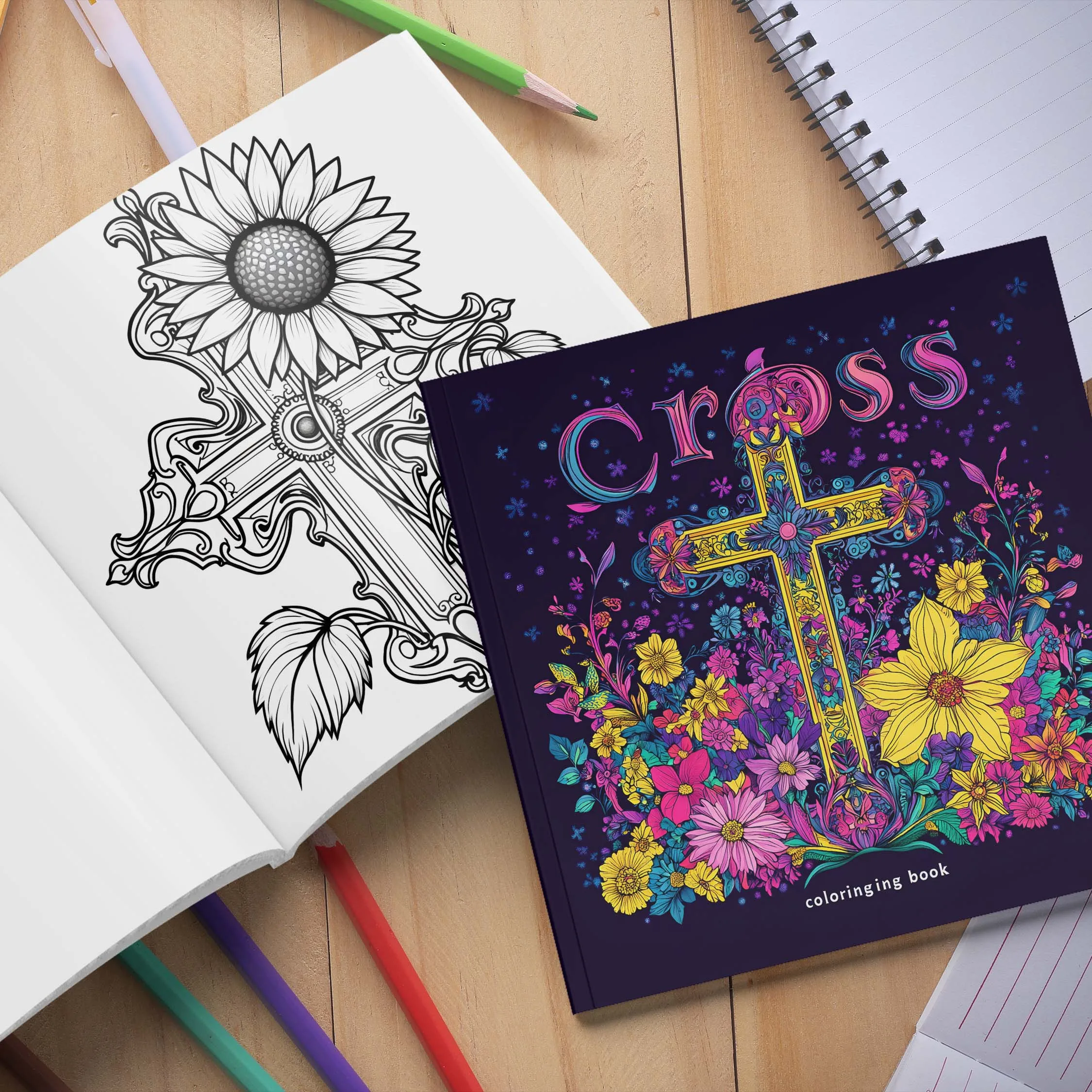 Cross surrounded by flowers Art Coloring Book 24page Adult Picture Book help relieve stress and mood Graffiti Painting Drawing 4