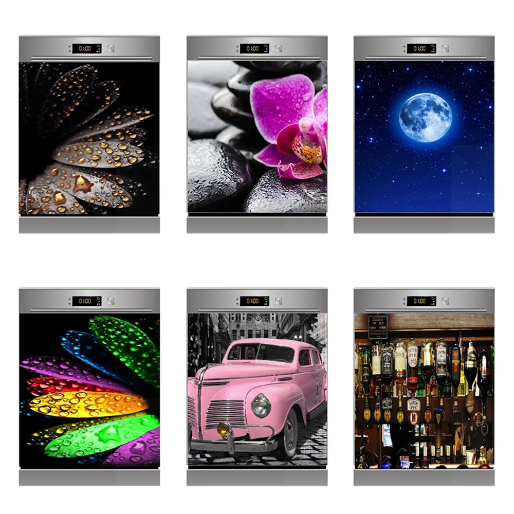 

Wholesale 3D Art Black Bloom Dishwasher Refrigerator Moon Freeze Sticker Art Fridge Door Cover Wallpaper Kitchen Wall Stickers