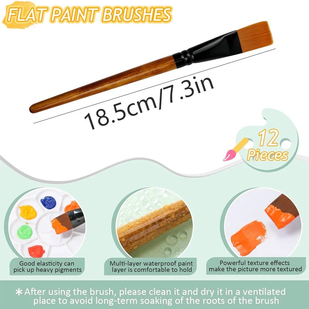 12pcs Wide Flat Acrylic Paint Brushes - 3/4 Inch Synthetic Nylon Bristles for Detail Art Painting, Oil, Watercolor - Bulk Paint 2