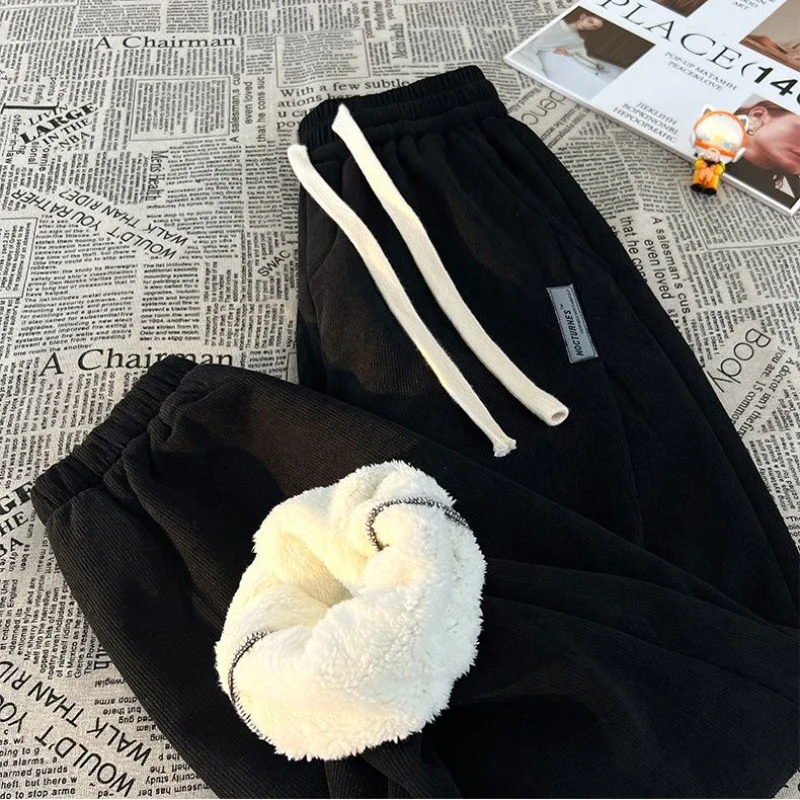 Men Winter Corduroy Plush Extra Thick Pants Lambswool Warm Loose Comfortable Rib Leg Pants Lined Fleece Sports Joggers Trousers 3