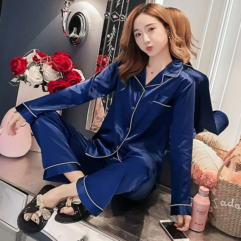 Spring Autumn Women's Thin Ice Silk Pajamas Solid Color Lapel Long Sleeve Cardigan Oversized Imitation Silk Home Clothing Set