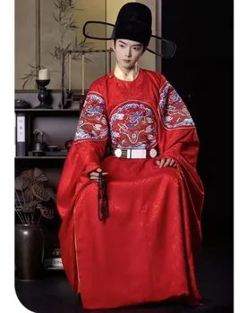 Men's Traditional Ming Dynasty Sewed Dark Pattern Round Neck Robe Chinese Style Wedding Bride Costume Collectible Dragon Hanfu