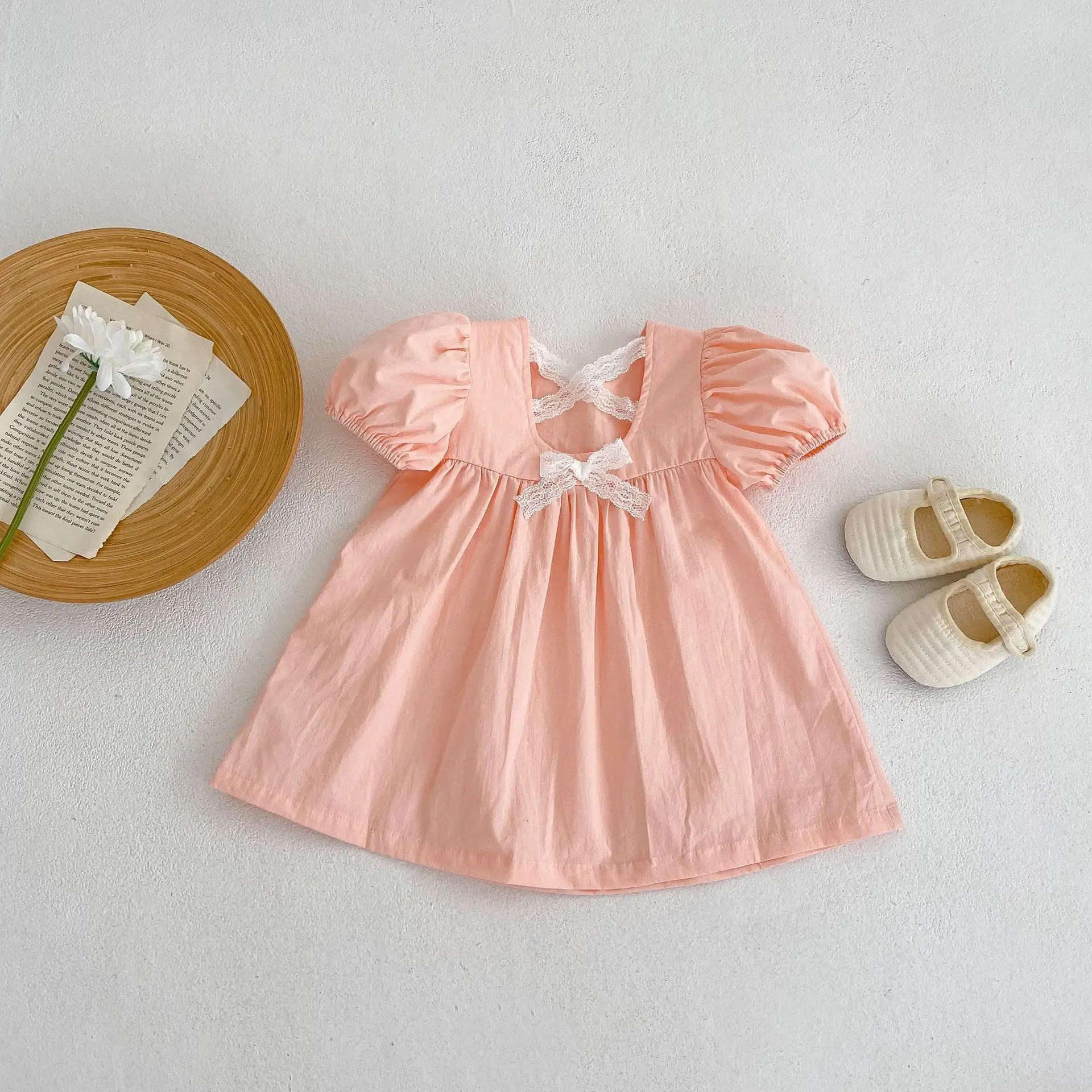 

0-4Y Puff Short Sleeve Toddler Girls Dresses Summer Cotton Baby Dress Solid Color Simple Lace Bow Kids Girls Party Dresses