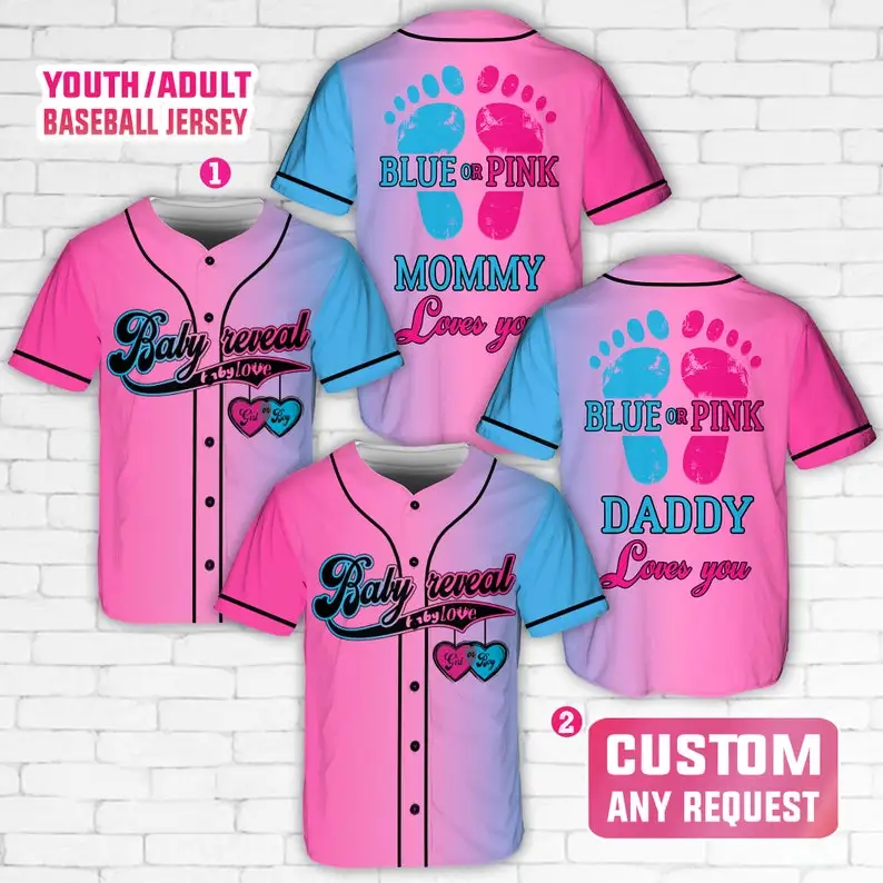 Baby Reveal Baseball Jersey Personalized Blue Pink Gender Reveal Team Boy Girl Jersey Party Shirt Sports Apparel Fans