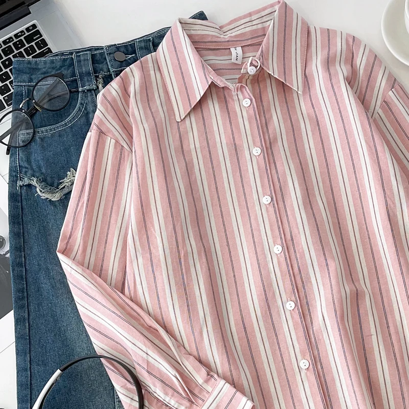 French pink stripe basic style lapel casual  sunscreen shirt yale 4 19 delivery seersucekr heritage dan big shirt pink stripe