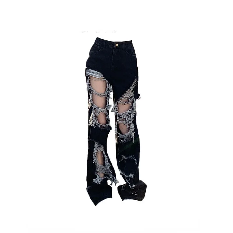 

Solid Hollow Out High Waist Women Pants Chic Fashion Holes Harajuku Wide Leg Trousers Loose Grunge Pantalones