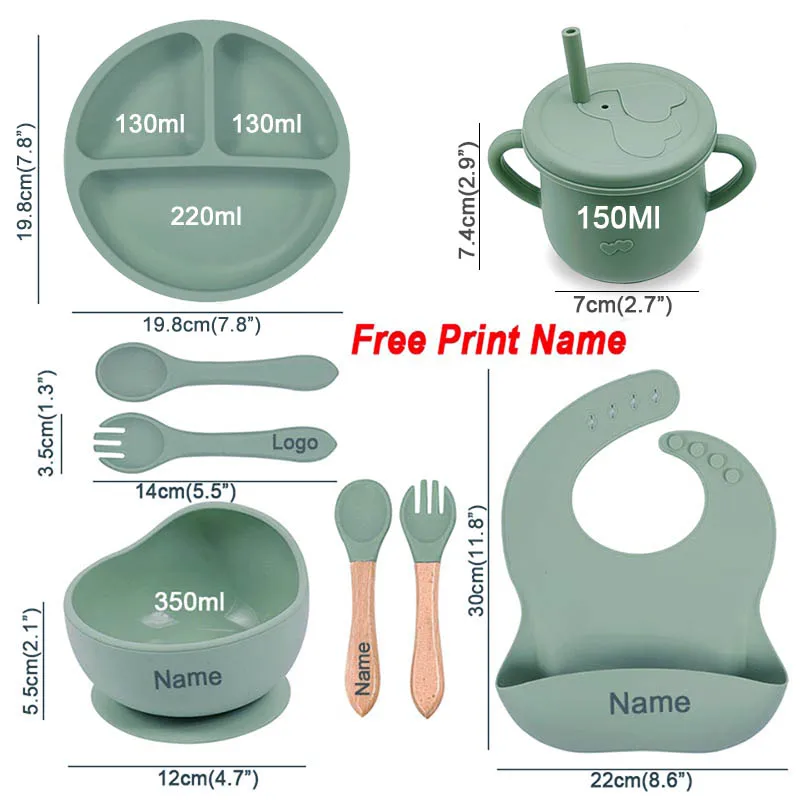 8Pcs Silicone Tableware Set Personalized Name Logo Baby Feeding Set Spoon Fork Suction Cup Bowl Silicone Dinner Plate For Kids 2