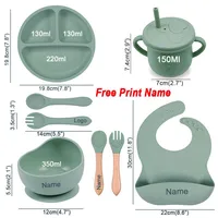 8Pcs Silicone Tableware Set Personalized Name Logo Baby Feeding Set Spoon Fork Suction Cup Bowl Silicone Dinner Plate For Kids 2