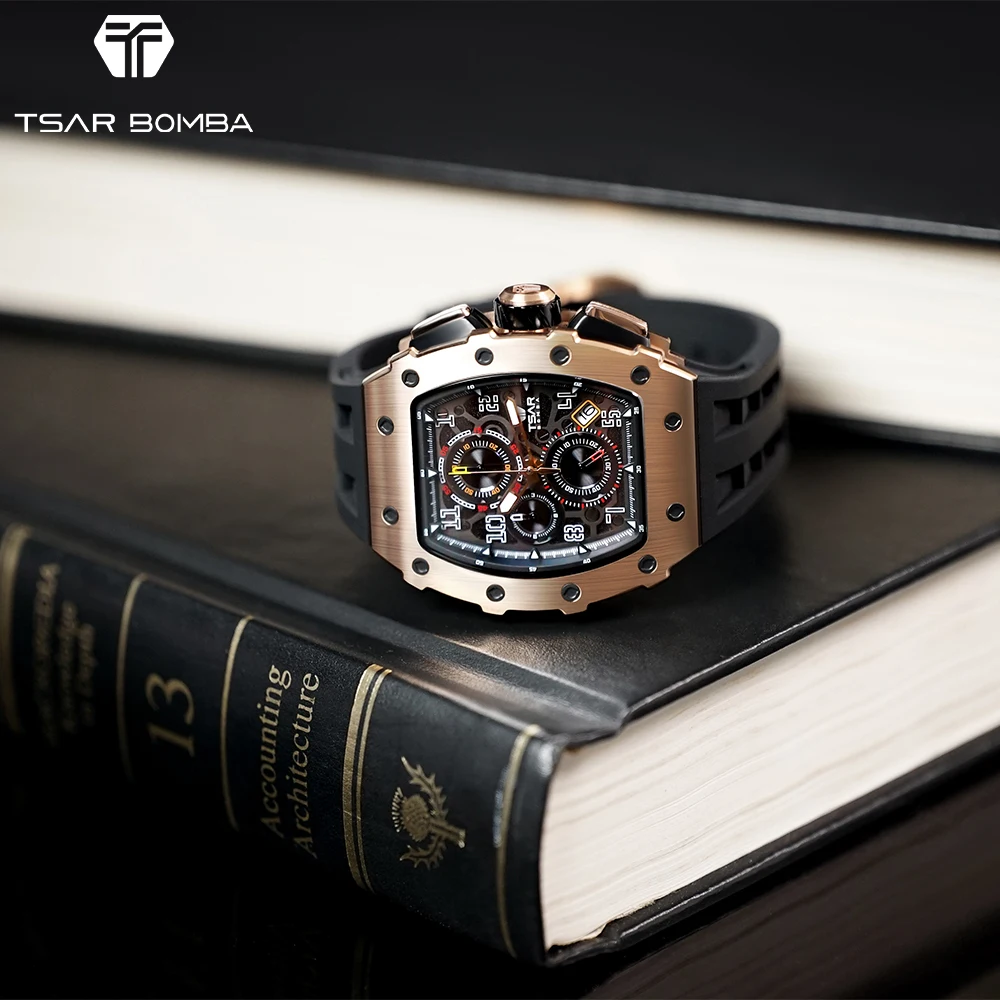 TSAR BOMBA 316L Stainless Steel Quartz Watch Men's Trendy Fashion Watch Sapphire Crystal Mirror with Waterproof Luminous Quartz