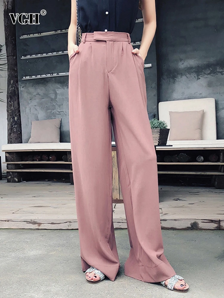 

VGH Spliced Pockets Casual Floor Length Trousers For Women High Waist Solid Minimalist Loose Wide Leg Pants Female Fashion New