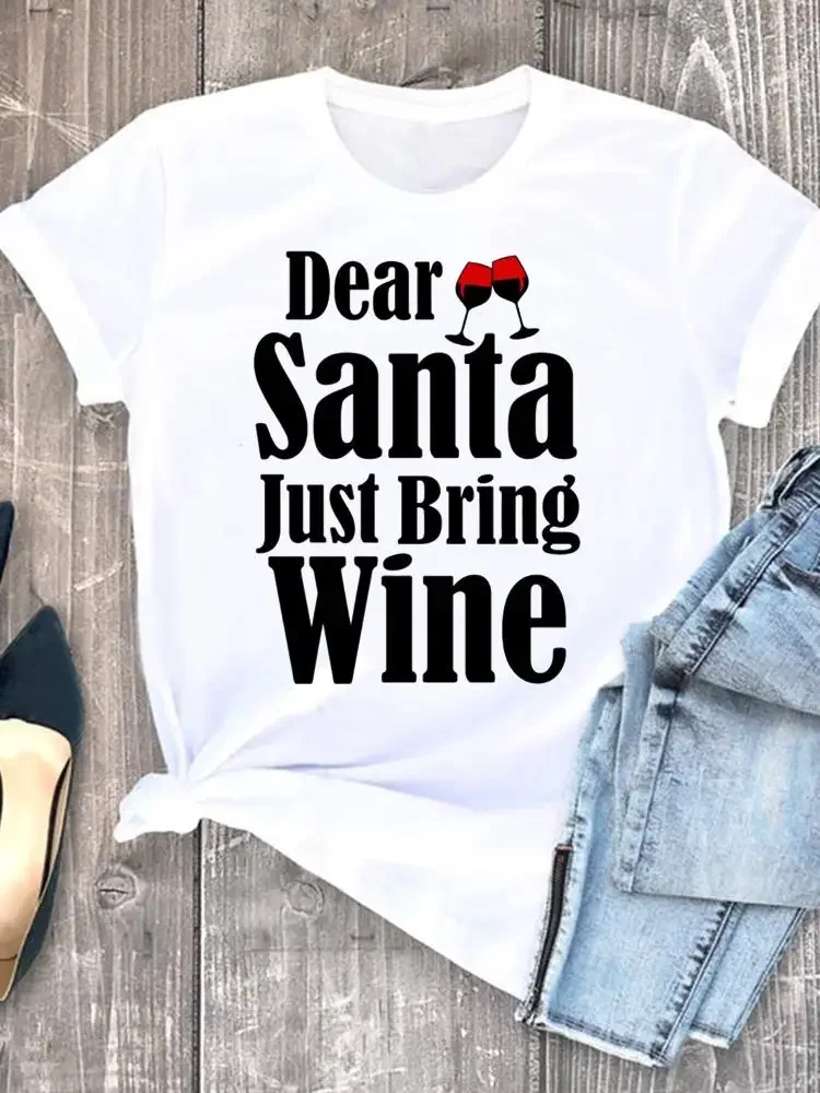 

Graphic T-shirt Christmas Wine Love 90s Women Cute Style Clothes Fashion Print O-neck New Year Lady Casual Female Shirt Tee