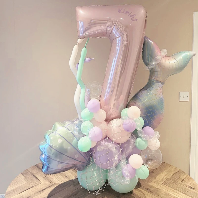 43 Stück/Set Meerjungfrauenschwanz mit bunten Muscheln, digitaler Aluminiumfolienballon 1–9, geeignet für Geburtstagsfeiern, Jubiläumsabschluss – Detail 2