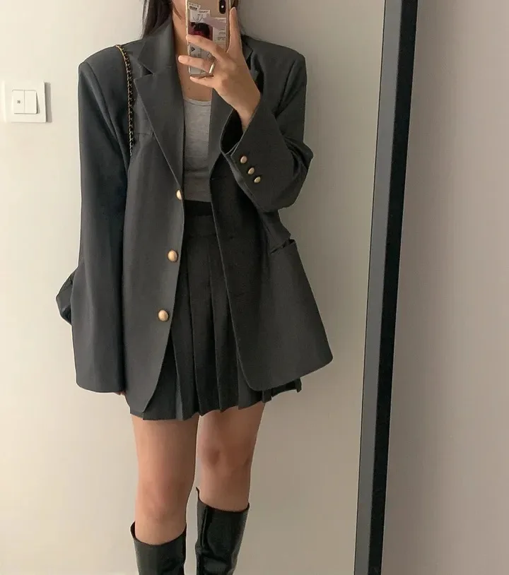 Korean Chic Two-piece Skirt Set Women Single Breasted Blazer Loose Jacket Solid Pleated Mini Skirt Autumn Office Lady Outfits