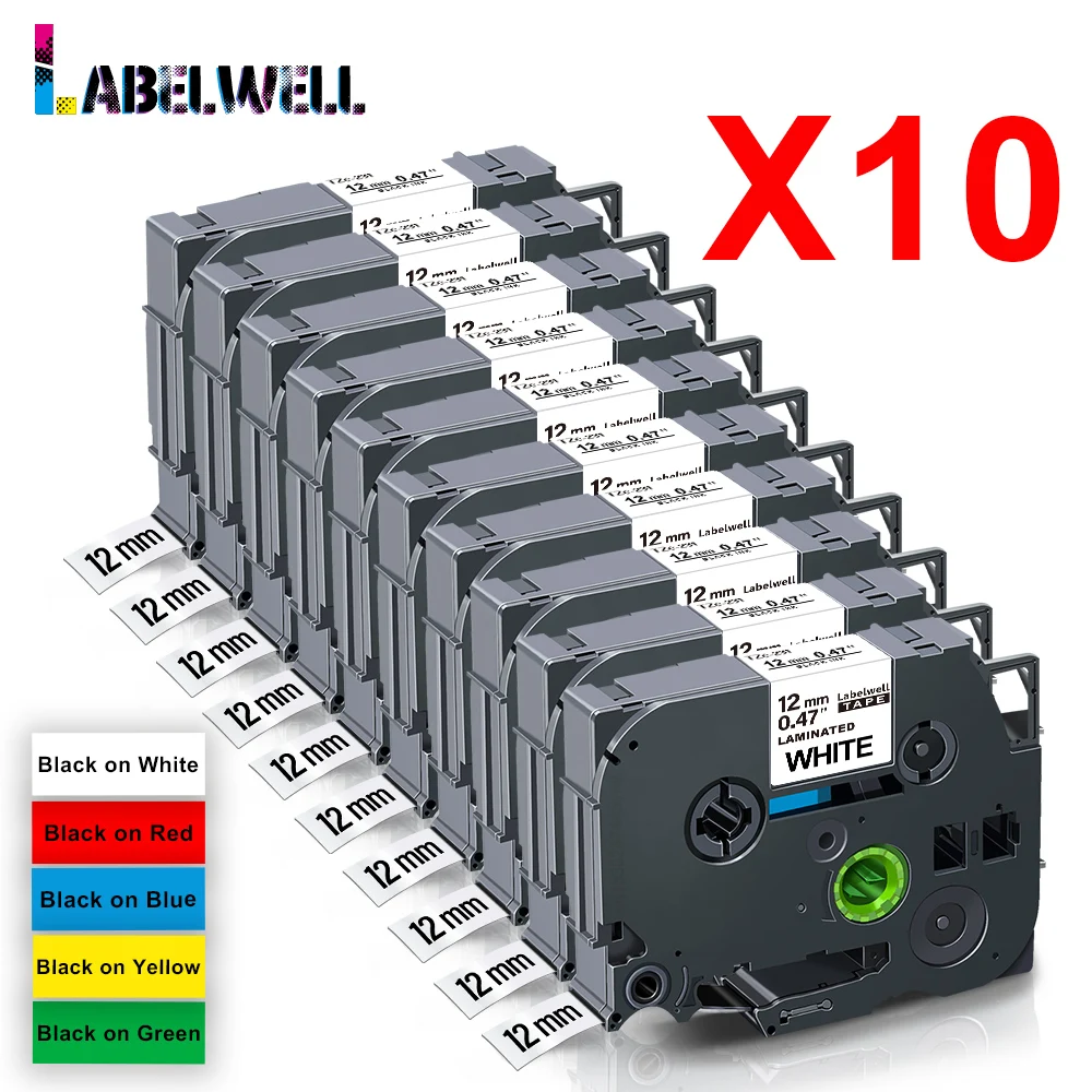 Fita de Etiqueta Laminada Labelwell 10pk 231 12 mm Compatível com o Irmão 231 221 131 531 631 P-touch Pth110 Label Maker