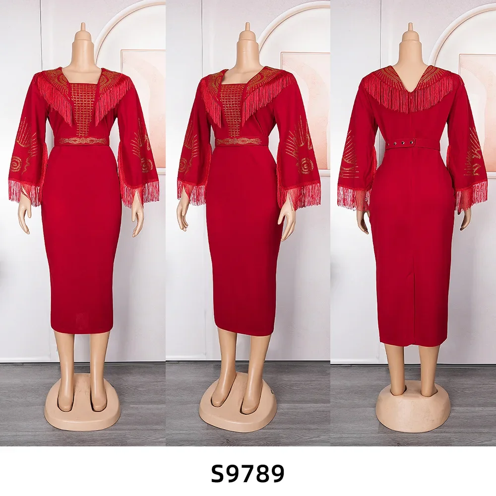 Ženy bělouš růžová červený střapcem šaty sexy bodycon štíhlý večírek dlouhé šaty elegantní krocan africký móda ples gowns