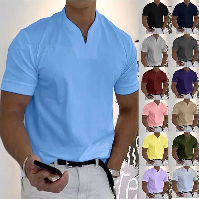 

Fitness Sports T-Shirt Men'S Elastic Short Sleeve Summer V-Neck Polo Shirt Man Tops