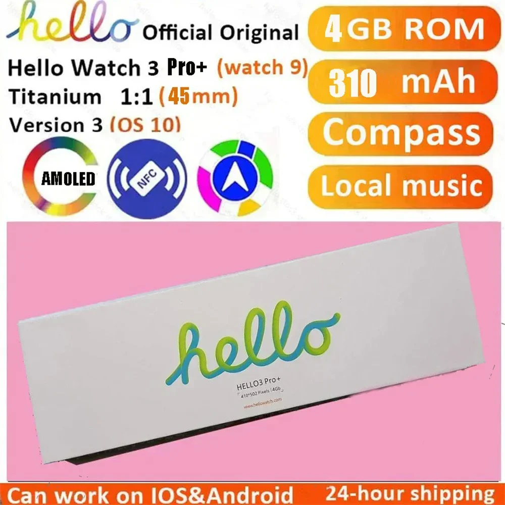 HELLO 3 Pro Plus AMOLED 스마트 워치 남녀공용 NFC 나침반 스마트워치, 4GB ROM 사진 앨범, 스포츠 워치, 안드로이드 IOS용