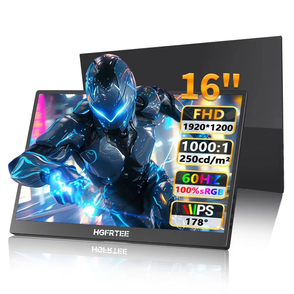 HGFRTEE 16인치 휴대용 모니터 100% sRGB Type C 확장 디스플레이용 미니 HDMI, Mac 스위치 Xbox PS4/5와 호환 가능
