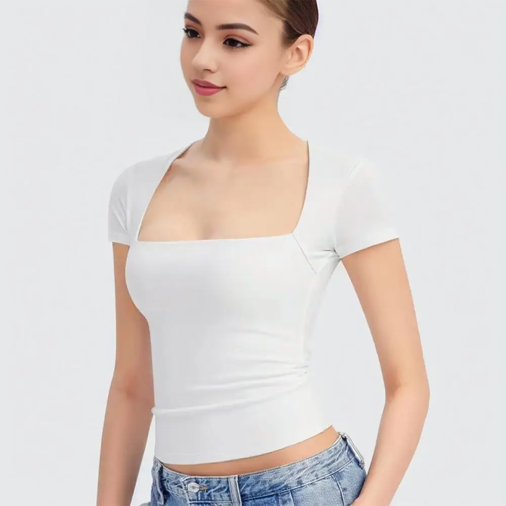 Breathable Top Stylish Women's Square Neck Tee Shirt Collection Slim Fit Pullover Tops for Summer Solid Color Streetwear Sexy