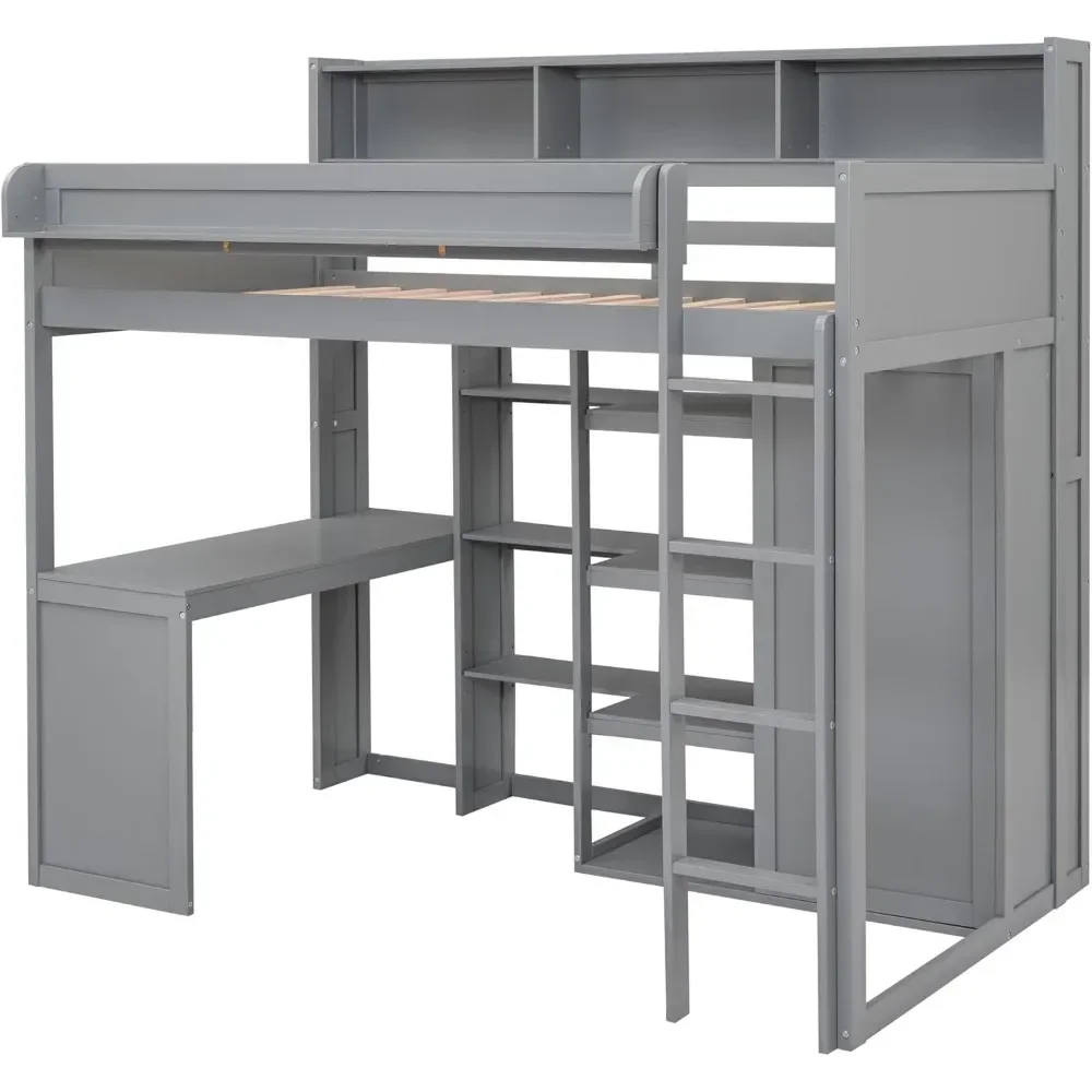 Bunk Beds Twin Loft Bed, Desk & Wardrobe, Solid Wood Loft Bed with Desk and Multiple Shelves, High Loft Bed Frame with Bookcase 3