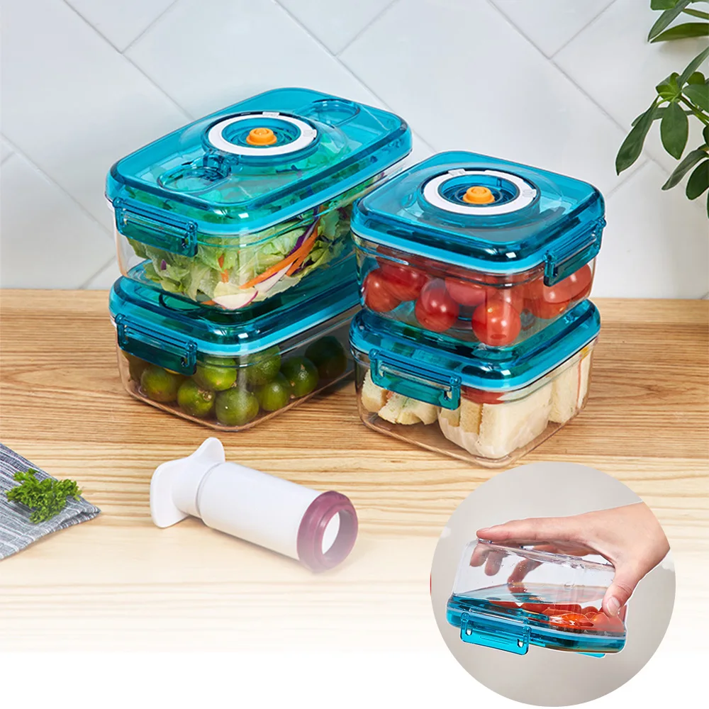 

4 Pcs Lunch Box Kitchen Organizers Food Vacuum Storage Containers with Pump Square Plastic Sealer Preservation Accessories