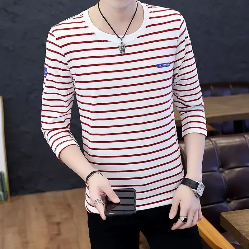 

T Shirt for Man Pullover Top Regular Fit Cotton Men's Clothing Red Stripe Long Sleeve Harajuku Fashion Casual Korean Autumn Y2k