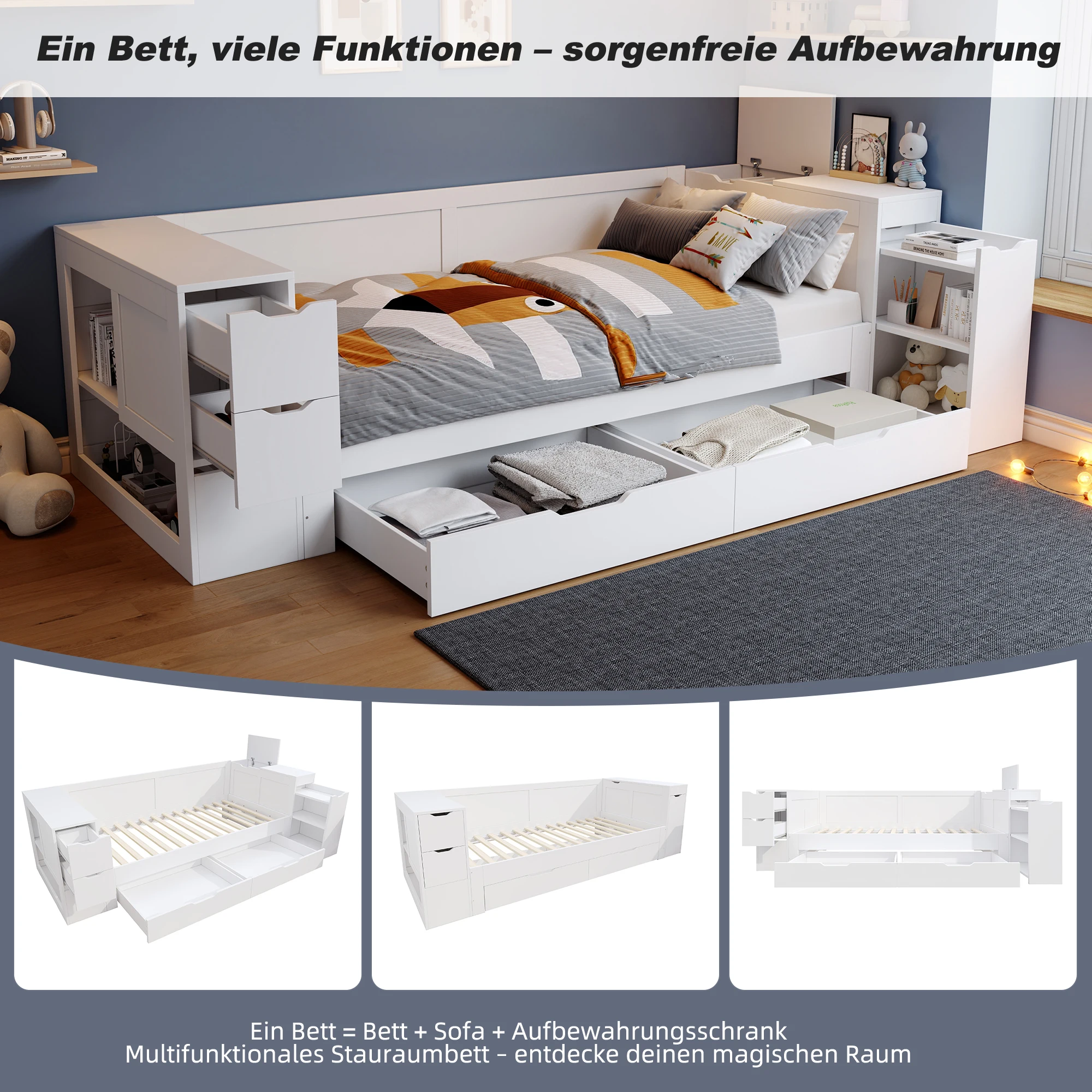 KOMHTOM Weißes multifunktionales Kinder Einzelbett Daybed 90x200cm mit Nachttisch Schubladen Regalen und Stauraum ohne Matratze – Detail 6