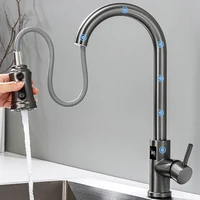 ก๊อกน้ำอ่างล้างจานแบบดิจิตอลสีเทา พร้อมหัวฉีดแบบดึงลง ก๊อกผสมน้ำร้อนน้ำเย็นแบบสัมผัสสำหรับห้องครัว 3