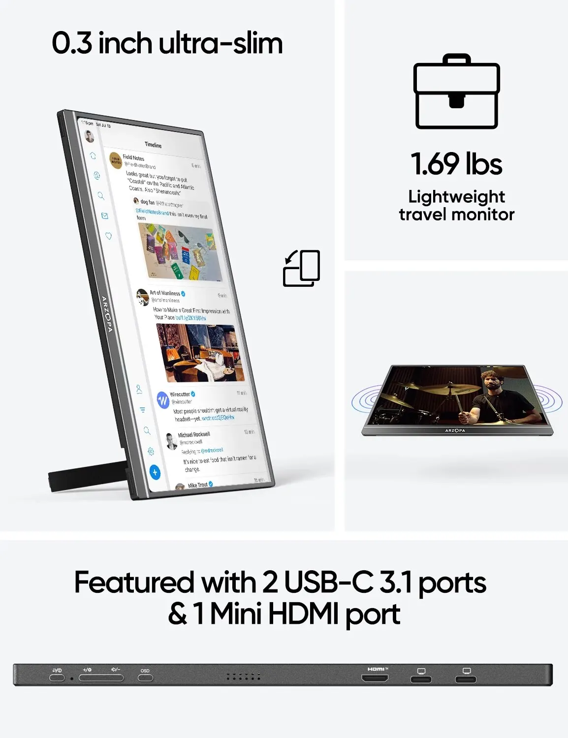 ARZOPA 17.3 ġ FHD ޴ , 1080p ܺ ÷, IPS ȭ, USB C HDMI ̹ , PC ޴  Xbox PS5 ġ