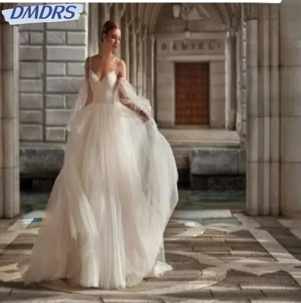 

Classic Pearls Bridal Gown Sexy V-neck Backless Bride Robe Graceful Spaghetti Straps Floor-length Wedding Dress Robe De Mariée