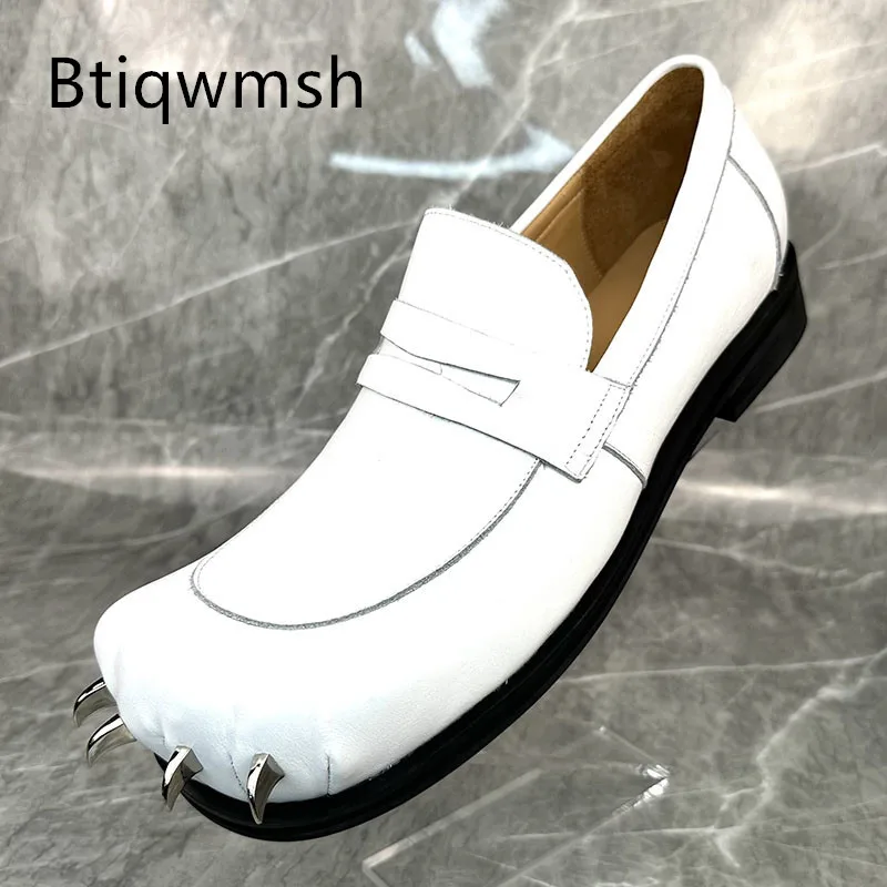 

White Real Leather Shoes Square Toe Handmade Claw Flats Male Fashion Party Shoes
