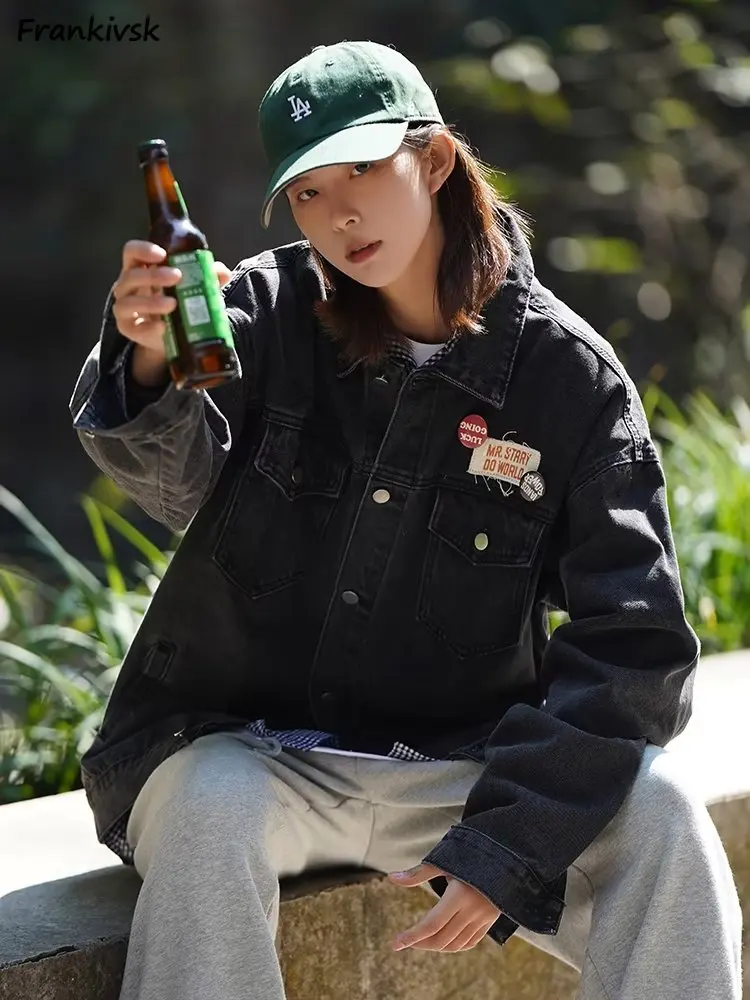 

Джинсовые куртки для женщин, шикарная Молодежная популярная универсальная уличная одежда в японском стиле Харадзюку с длинным рукавом, повседневная одежда для колледжа на весну и осень