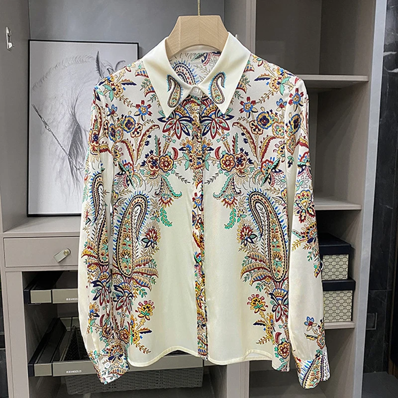 

TPJB Vintage Print Women Satin Blouses Runway Baroque Elegant Office Ladies Long Sleeve Shirts Tops Blusas De Mujer Блузки