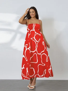 Women Long Cami Dress Fashion Print Spaghetti Strap Loose Maternity Dress for Summer 2