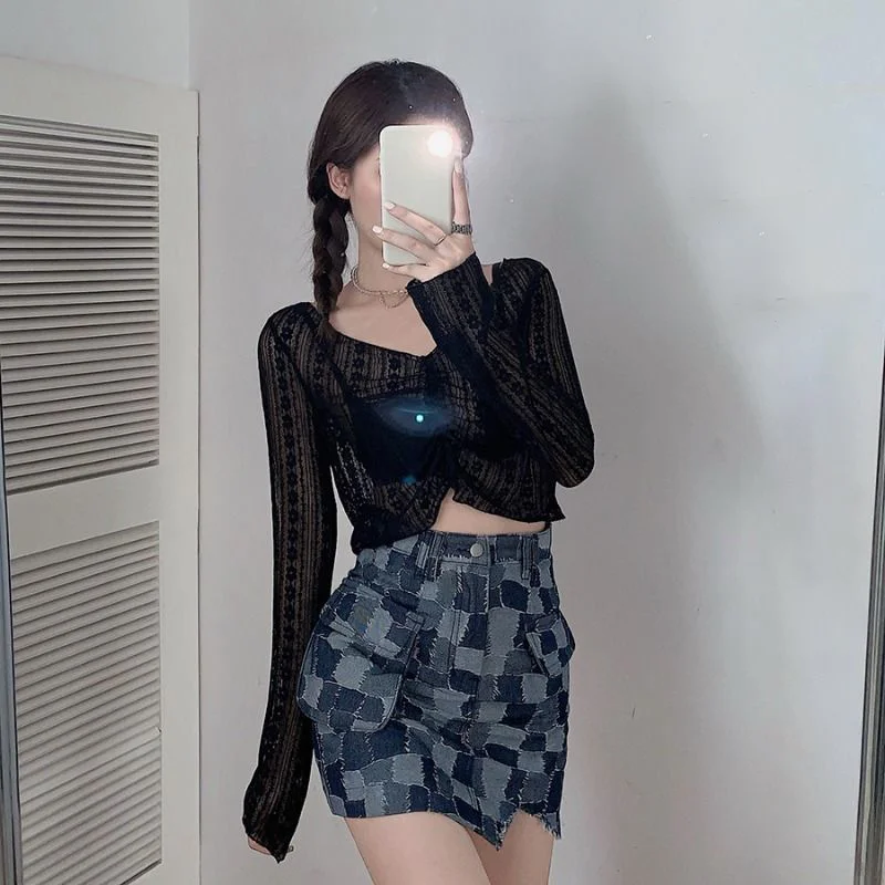 

Sexy Tight A-line High Waist Denim Plaid Bag Buttock Half Skirt Ins Women's 2023 New Summer