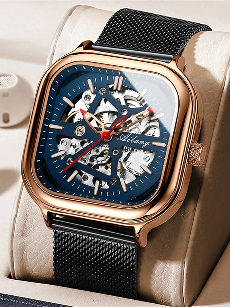 

AILANG Skeleton Automatic Mechanical Watch Men Top Brand Luxury Sport Male Black Steel Mesh Belt Clock Relogio Masculino