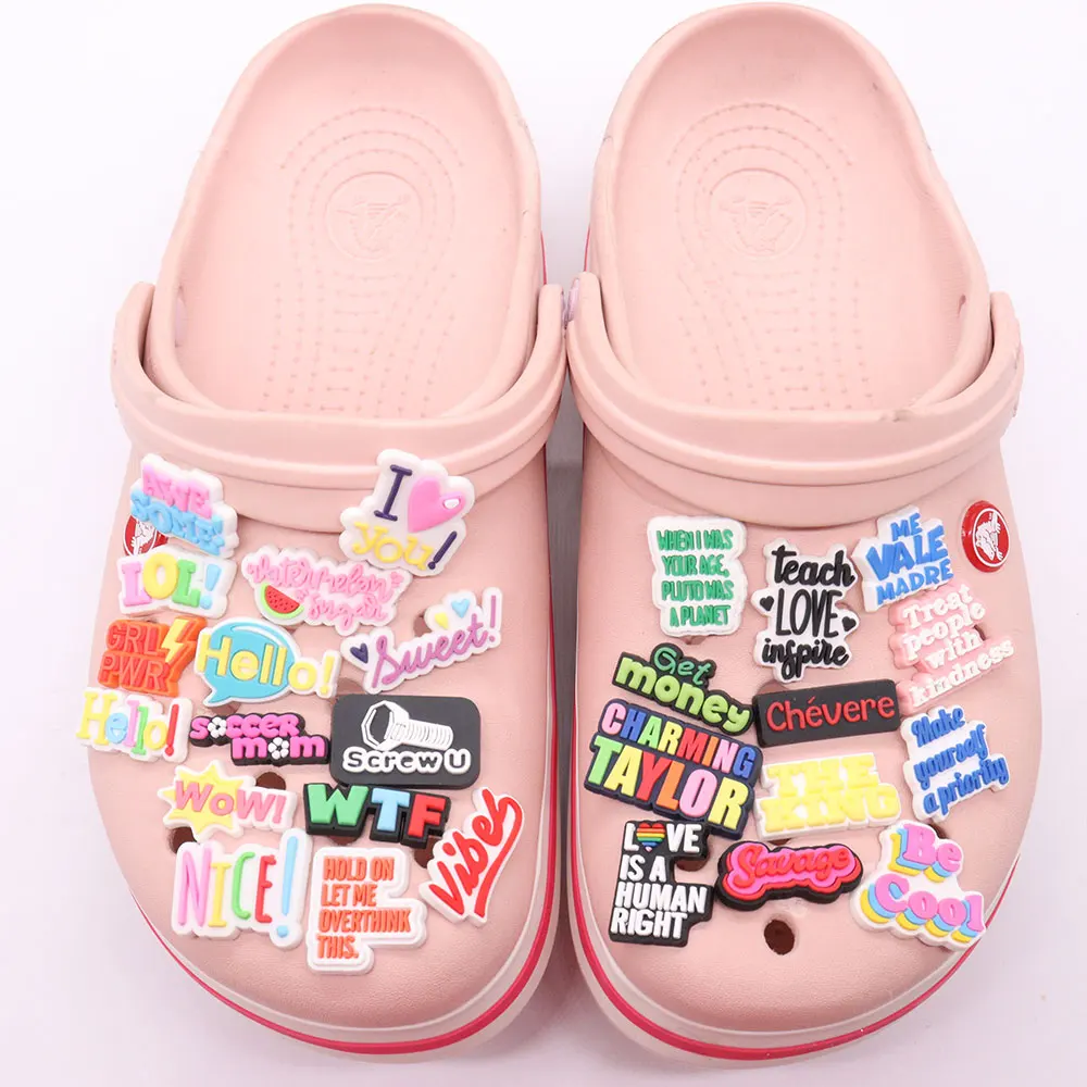 

50pcs PVC Garden Shoe Accessories Colorful English Slogan Letters Shoe Decoration Fit Croc Jibz Charm Boys Girls Party Present