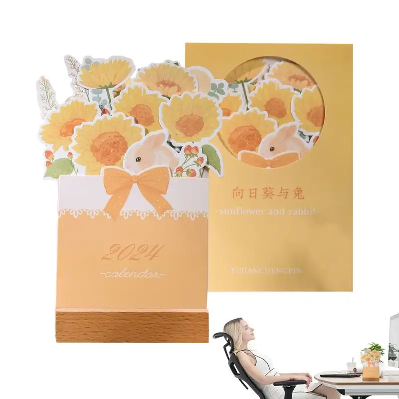 

Desk Calendar 2024 Paper Bloomy Flower Themed Monthly Planner Beautiful Decorative Planner Schedule with Wood Base Desktop