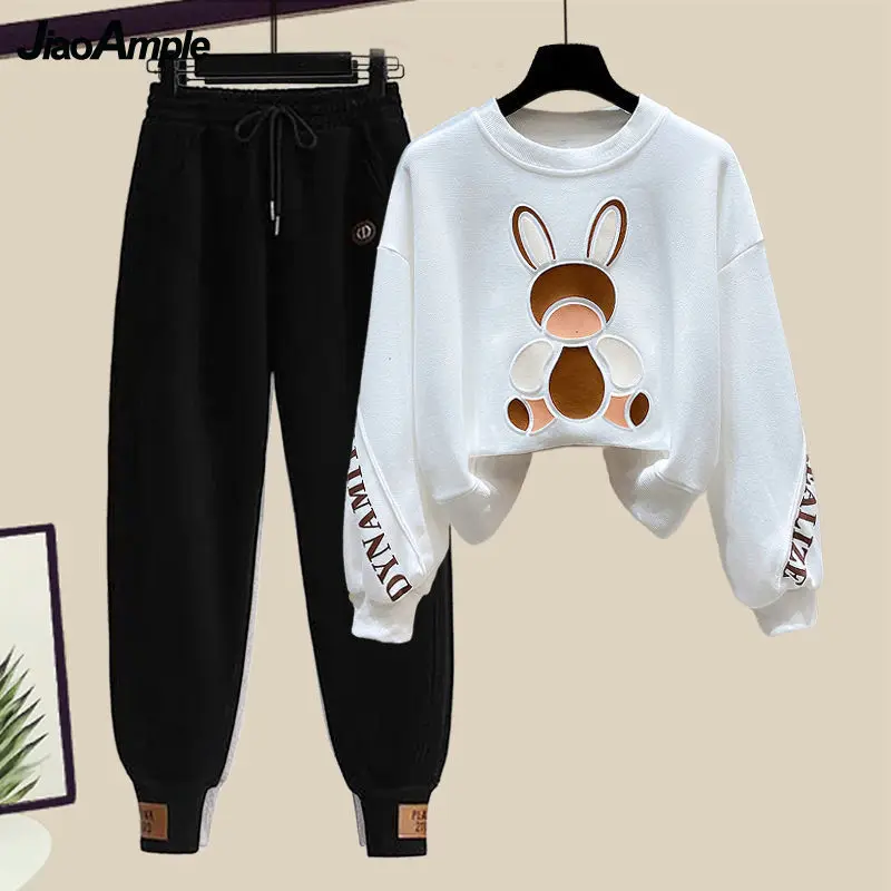 Women's Fall Korean Cute Rabbit Sweatshirt Pants 1 or Two Piece Set Lady Fashion Sports Long Sleeve Pullover Trouser Outfits