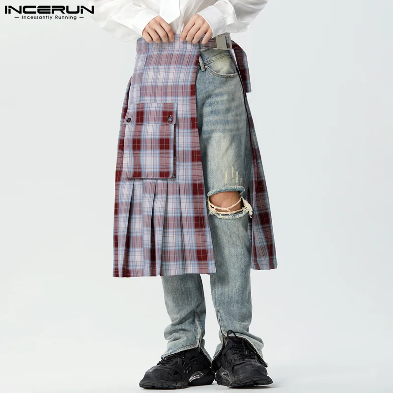 

American Style New Men's Trousers Plaid Pleated Design Pantalons Fashion Hot Selling Wrapped Half Skirts Pant S-5XL INCERUN 2023