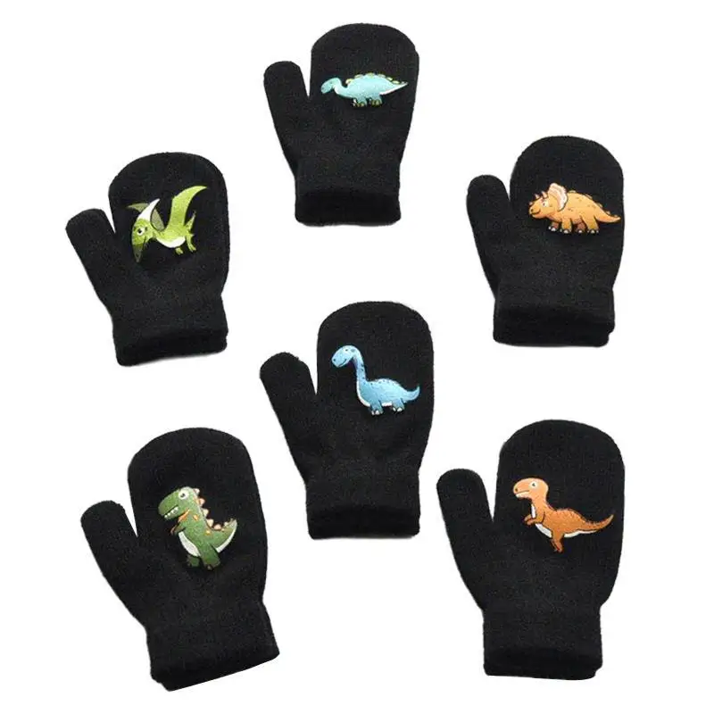 1-3Y Children Winter Thicken Plush Warm Gloves Boy Girl Kid Dinosaur Solid Knitted Mittens Outdoor Cycling Skiing Gloves