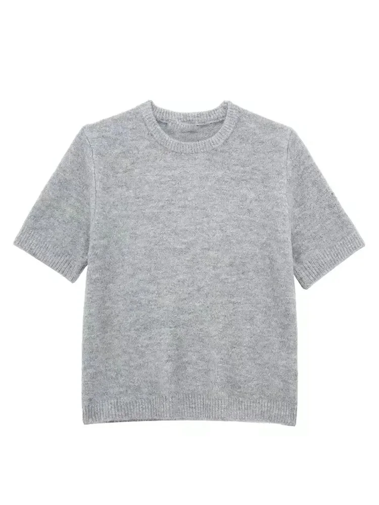 

HH TRAF 2024 весенний женский модный пуловер с коротким рукавом, однотонный Повседневный вязаный укороченный свитер, Женский базовый джемпер с круглым вырезом, Топ