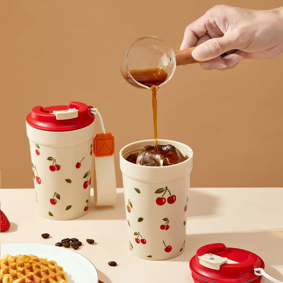 WORTHBUY Travel-Ready Leak-Proof Coffee Mug with Nylon Handle – Durable Hot & Cold Beverage Cup
