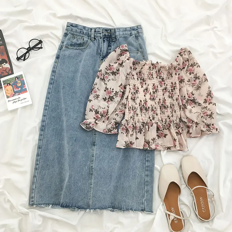 Women Ruffle Floral Short Crop Top 2pcs and Denim Long Skirt Set 2021 Casual Slim Elegant Chiffon Shirt Blouse Split Skirt Set