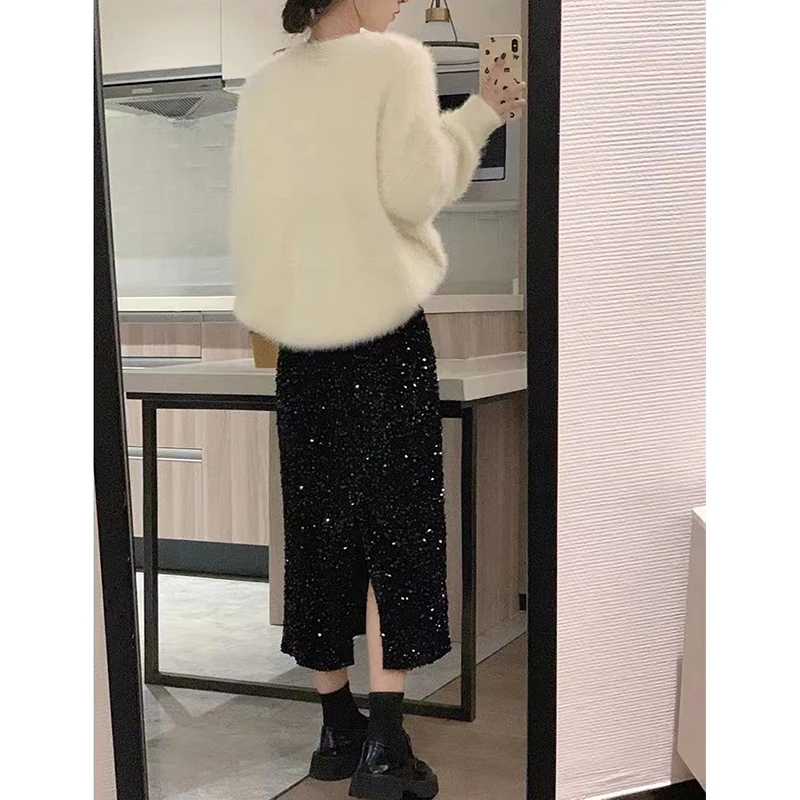 Autumn Winter High Waist Sequins Elegant Fashion Pencil Skirt Ladies Black Temperament Slim All-match Skirts Women's Clothing